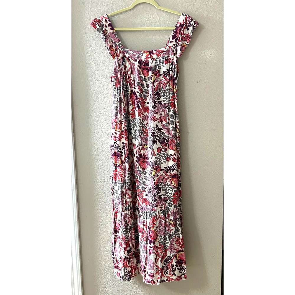 Knox Rose Womens Large Pink Purple Floral Ruffle Tiered Maxi Dress Boho Rayon